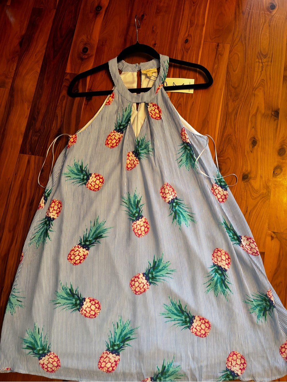 Crescent Pineapple Print Halter Sundress - Blue & Green